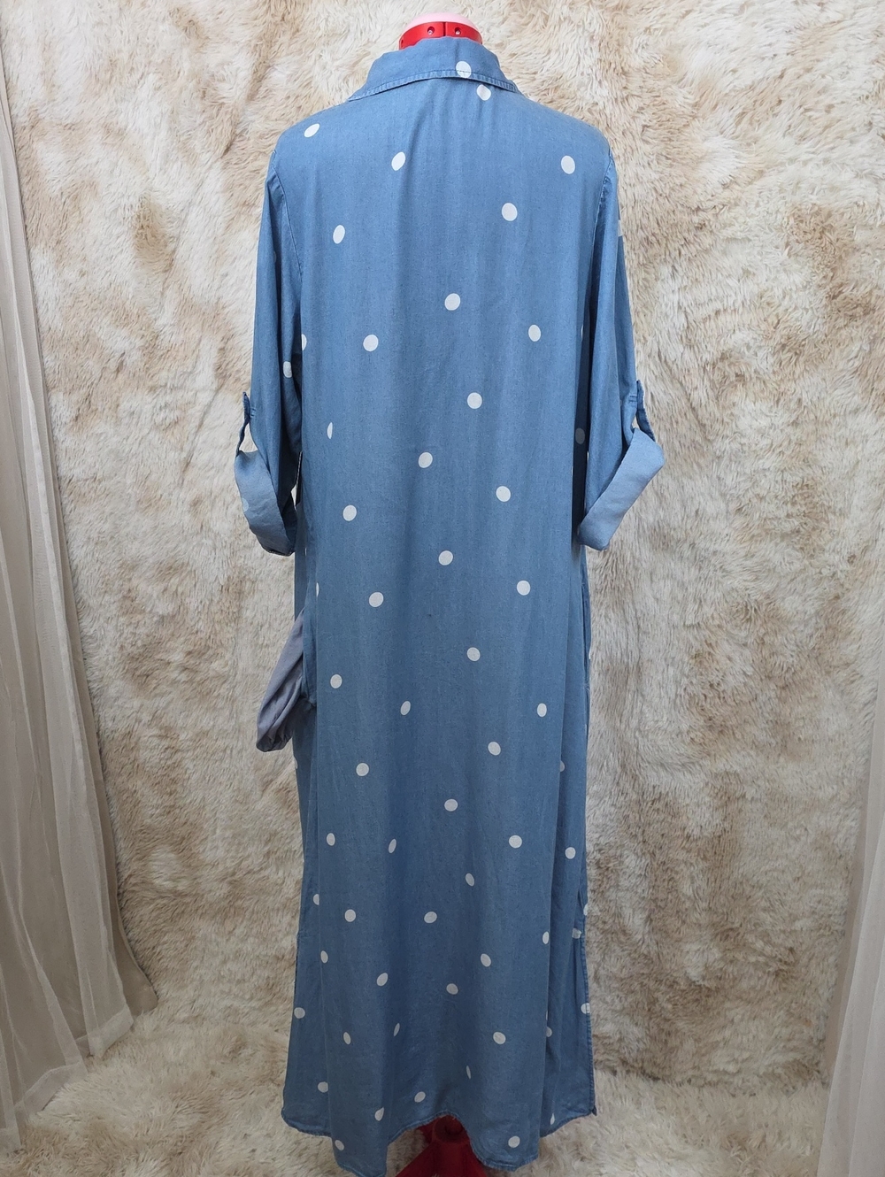 Ashley Stewart Blue Polka Dot Lyocell Shirt Dress 14/16 Roll Tab Sleeves Plus Si - Picture 3 of 10